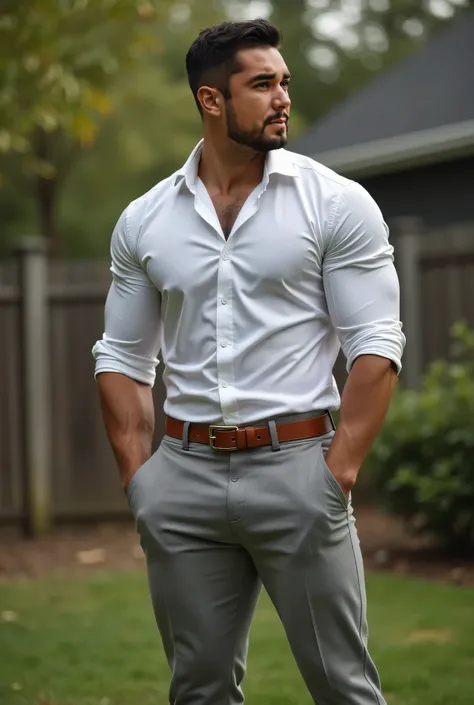  Realistic photograph , 35-year-old muscular (((athletic man))) , , view From below, nalgon in profile, stripe white formal shirt and very tight light gray trousers, brown belt, in profile, Big butt, viendo a cámara,  black eyes, in the yard, sexy man, ver...