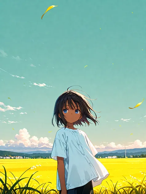 (masterpiece), (best quality), (ultra-detailed),artist:mitsumi_misato, 1girl, little female, dark-skinned, expressionless, outdoors, wind, very aesthetic illustration