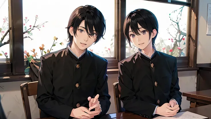 Two Japanese men handsome smile In the classroom Outside the window is early spring there is only one cherry tree boys love cartoon The two sit side by side Future Classroom Two Japanese menが肩を組む 二人共にBlack school run school uniform Black school...