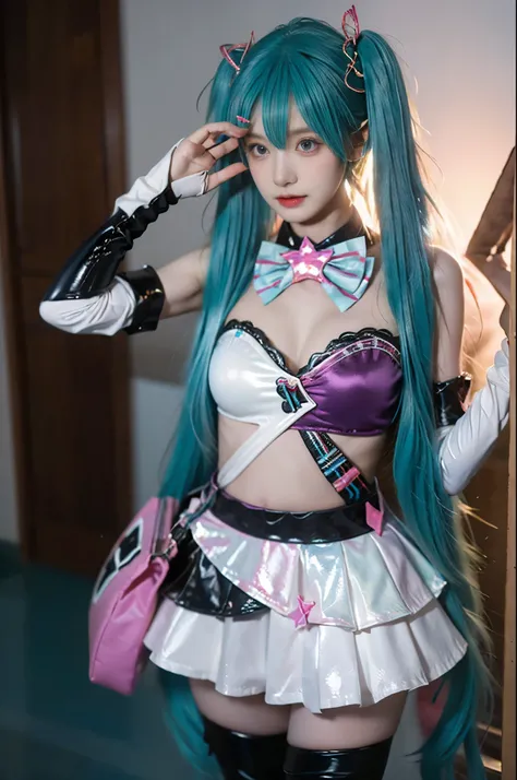 hatsune miku cosplay costume, hatsune miku, cosplay, twintails, aqua hair, long hair, alternate costume, hairclip, hair ornament, tattoo, bra, bowtie, detached collar, detached sleeves, skirt, belt, bag, thigh boots, boots, high heels
 ,,(photorealistic:1....