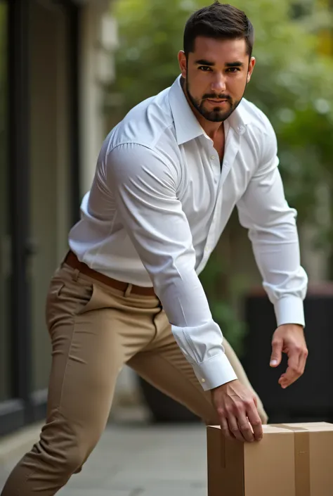 Fotografía realista, 35-year-old muscular (((atletic man))) , , View from below, nalgon de perfil, stripe white formal shirt and very tight khaki trousers, brown belt, de perfil, Big butt, viendo a cámara, ojos negros, en el patio, hombre sexy, muy nalgon,...