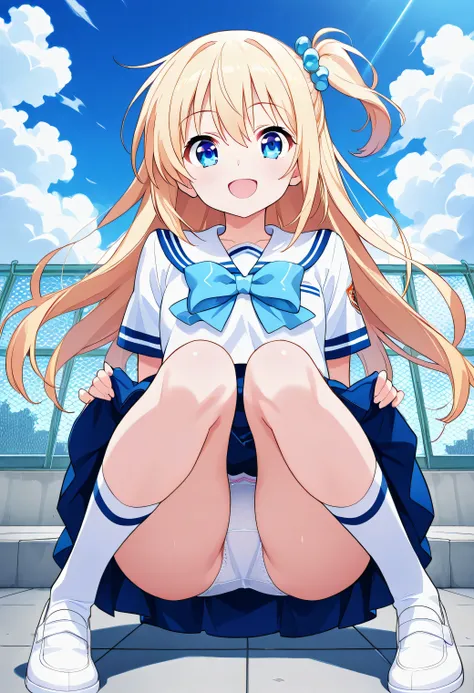 (white panties visible)、「 of a lively and energetic 20-year-old anime girl。long blonde hair in a high position、Modern with a slightly wider skirt and stylish oversized bow I'm wearing a sailor suit。She's running on a sunny school rooftop、style giving the i...