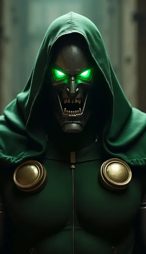 A hyper-realistic HD image of Doctor Doom emerging dramatically from the shadows, his glowing green eyes shining menacingly under his metal mask. The environment is natural but darkened around him, creating a contrast with his intimidating figure."