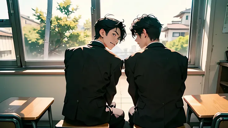Two Japanese men handsome smile In the classroom window 二人共にBlack school run school uniform Black school run Outside the window is early spring there is only one cherry tree boys love cartoon The two sit side by side Future Classroom Two Japanes...