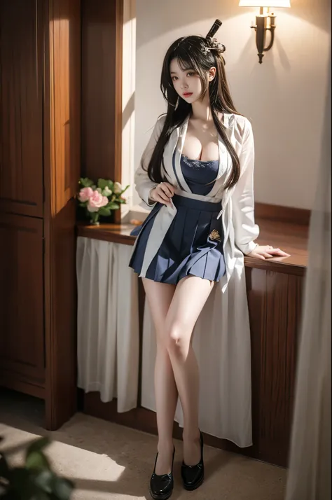 tomoe mami, mitakihara school uniform,blonde hair, twin drills, hair ornament,
 ,,(photorealistic:1.3), (full body:1.3), (Wide-angle lens:1.3), (ultra detailed:1.2), (high quality:1.2), beautiful woman, sexy long legs model, natural and comfortable pose, (...
