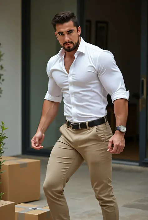 Fotografía realista, 35-year-old muscular (((atletic man))) , , View from below, nalgon de perfil, stripe white formal shirt and very tight khaki trousers, brown belt, de perfil, Big butt, viendo a cámara, ojos negros, en el patio, hombre sexy, muy nalgon,...