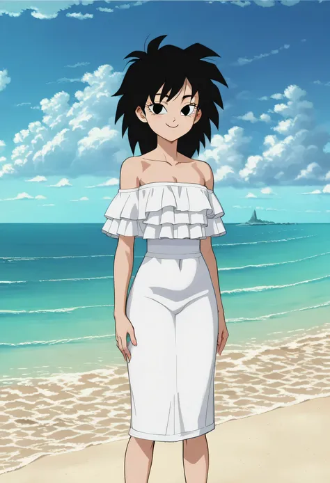 source_anime, score_9, score_8_up, score_7_up, anime screencap, absurd res, official style, gine, 1girl, solo, black hair, black eyes, closed mouth, bare shoulders, small breast, smile, mouth closed, a strapless white lace off shoulder maxi dress, a white ...