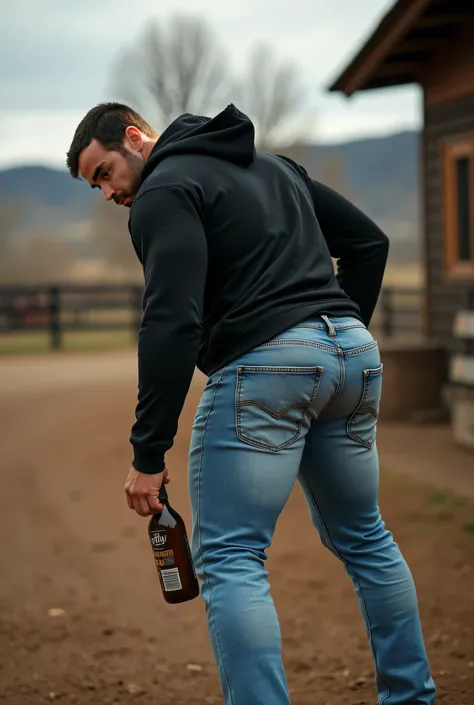 Realistic photograph , 30-year-old muscular (((athletic man))) nalgon, rostro definido muy similar al de referencia, ojos negros, view from below, in profile, black hoodie and tight washed-out light blue levis jeans, stright back, in profile, Big butt, vie...