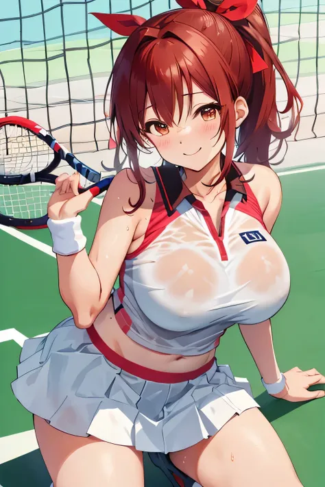 (NSFW:1.2),  Aoi Kanzaki, Big Breasts　 tennis wear　 ponytail　Red hair ribbon　 brown hair 　、 Curvy, wet, sweat, smiles, up skirt, lewd tennis player