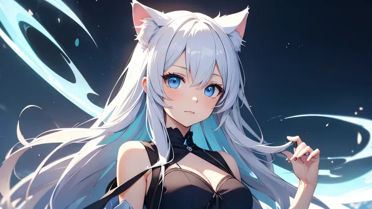 Anime girl character with soft blue flowing hair, blue eyes with cat ears and wearing a dress, with a background
