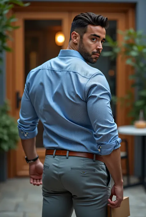 Fotografía realista, 35-year-old muscular (((atletic man))) , , View from below, nalgon de perfil, stripe blue formal shirt and very tight light gray trousers, brown belt, de perfil, Big butt, viendo a cámara, ojos negros, en el patio, hombre sexy, muy nal...