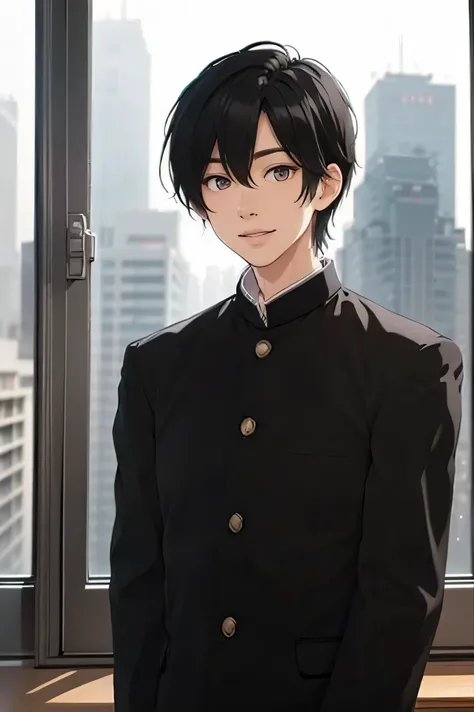 Japanese man handsome Short black hair Shaved head Shaved head adults short cropped smile In the classroom outside the window is a group of snowy futuristic urban skyscrapers Black school run school uniform Black school run sit on the desk with bot...