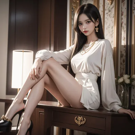 cyb dress, jewelry, necklace, high heels, (photorealistic:1.2), (ultra detailed:1.3), 1girl, young woman, fashion model, slim figure, perfect anatomy, (beautiful long legs:1.4), smooth skin, sitting pose, (thigh focus:1.2), elegant posture, professional ph...