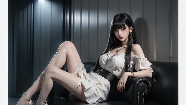 ( girl sitting on office couch ))、High technical level:1.1 Photo Real、 natural light:1.5、Light Effects(virtual light effects:1.5、Natural Light Effects:1.5、Light Effects:1.5、Light Effects:1. 8)、(( straight bangs 、Princess Bang))、 Princess cut、 straight bang...