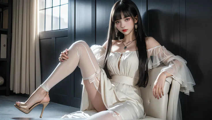 ( girl sitting on office couch ))、High technical level:1.1 Photo Real、 natural light:1.5、Light Effects(virtual light effects:1.5、Natural Light Effects:1.5、Light Effects:1.5、Light Effects:1. 8)、(( straight bangs 、Princess Bang))、 Princess cut、 straight bang...