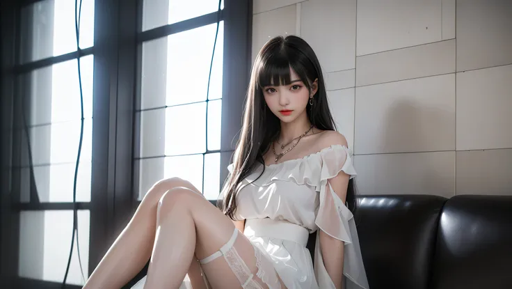 ( girl sitting on office couch ))、High technical level:1.1 Photo Real、 natural light:1.5、Light Effects(virtual light effects:1.5、Natural Light Effects:1.5、Light Effects:1.5、Light Effects:1. 8)、(( straight bangs 、Princess Bang))、 Princess cut、 straight bang...