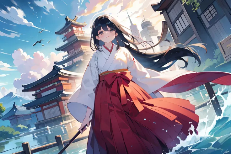 1 man, High Resolution, masterpiece, long hair,  black hair, Japanese, Hakama