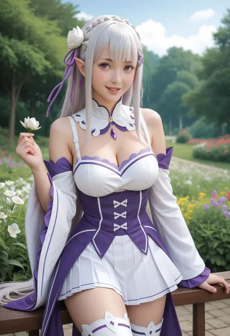 emilia \(re:zero\), hair ornament, ((realistic 1girl)), long hair, bangs, thighhighs, flower, hair flower, braid, pointy ears, purple eyes, hair ribbon, pleated skirt, ribbon, breasts, medium breasts, white flower, skirt, detached sleeves, miniskirt, blunt...