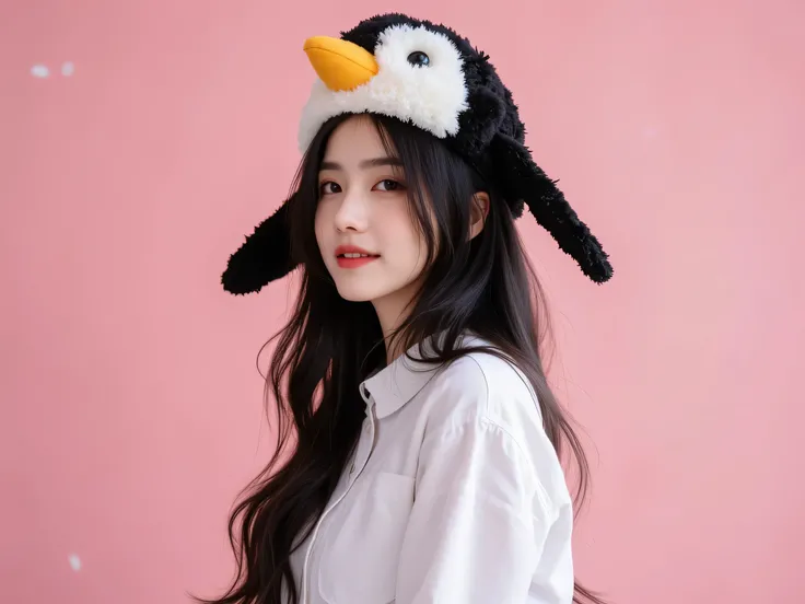 a woman, age 25, wear penguin hat, pink tone background, long black hair, white shirt