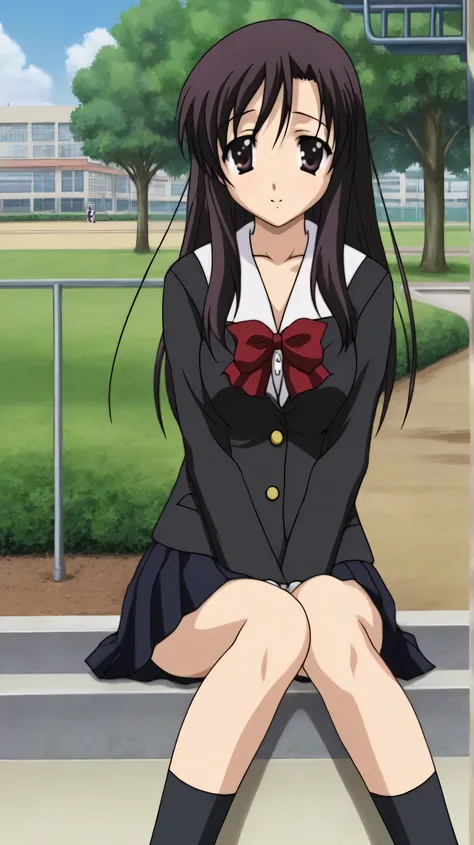 a girl, Anatomically correct, posing, full body, elementary school uniform, in love, in public, Kotonoha Katsura, school day, anime style, front view , Covered with the sun, Park,  sitting