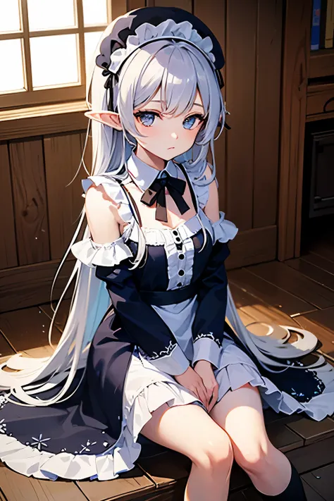 elf， White Long Hair ，loli，High and cold， luxurious robe with blue crystals， silver eyes ，No Expression，petites，maid outfit，Inside the wooden house