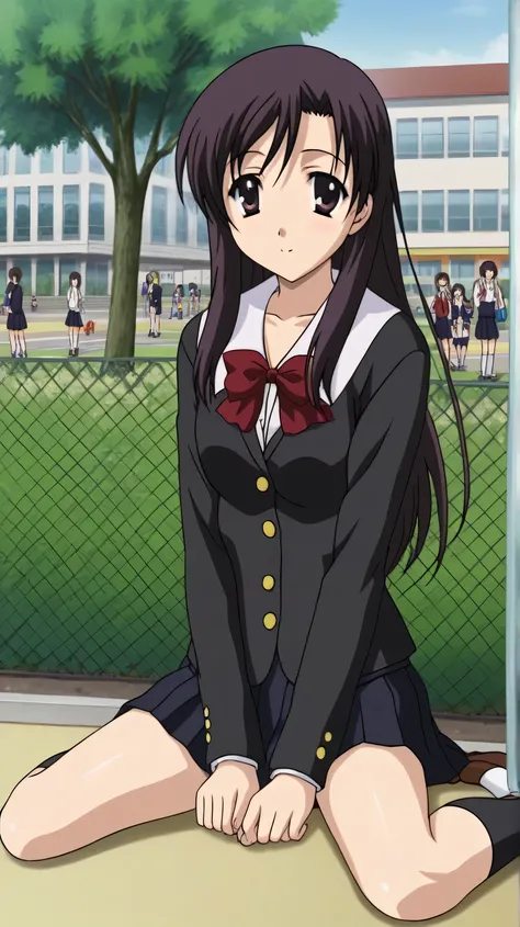 a girl, Anatomically correct, posing, full body, elementary school uniform, in love, in public, Kotonoha Katsura, school day, anime style, front view , Covered with the sun, Park,  sitting