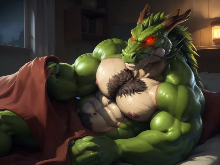 solo, 4k, hd, (ultra detailed), a beautiful and detailed full size portrait of a male (muscle, naked body, pink nipples, buff, bulky, abs, big body, daddy, chest hair, massive pecs, muscular, b), anthro dragon shenron, shenlong, scalie, eastern dragon, chi...