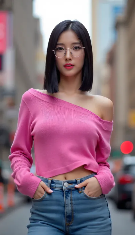 A beautiful woman, standing in the middle of a city street, front facing, use an off-shoulder sweater in pink, long denim pants, big boobs, red lips, slim waist, Using round glasses