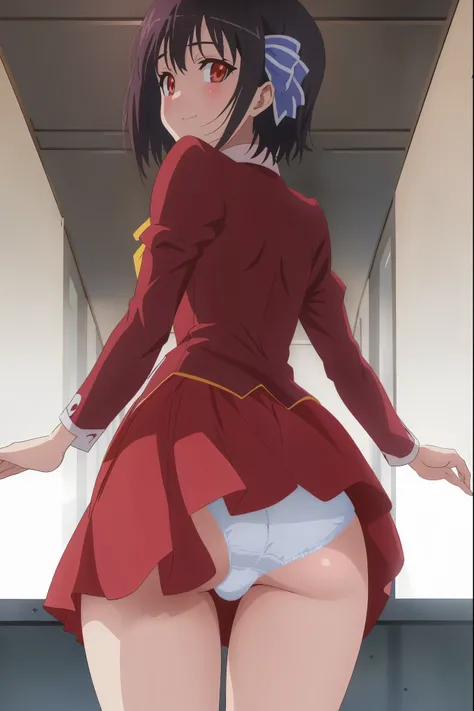 NSFW,1girl in,standing,((from behind,looking back,hand on own ass)),(Portrait),face Focus/close up,Looking at Viewer,Tomomi_Xijing, bow ribbon, Short hair, School uniform,red school uniform,Winter clothes,Long sleeves,red Long skirt,Panties,Perfect Lightin...