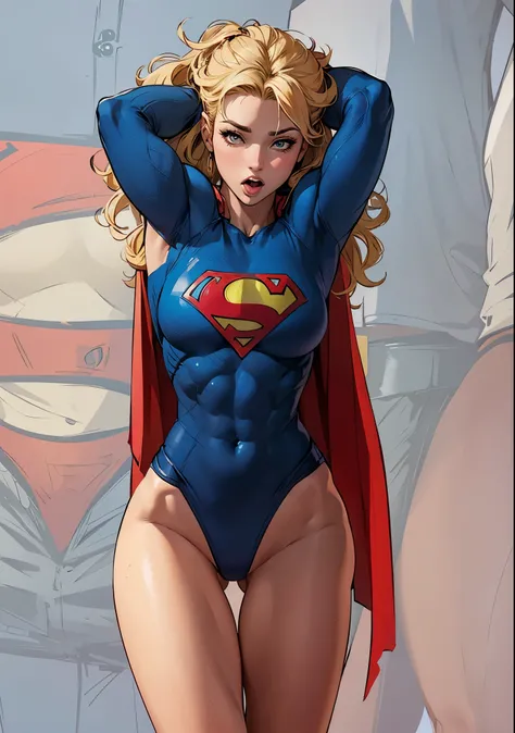  A woman, Supergirl, background, very beautiful, sexy, BIG ASS, thick legs, fitness, She has her mouth open