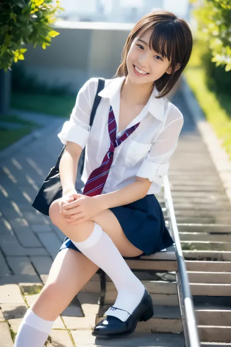 photorealistic, extremely delicate and beautiful, ultra-detailed, (best quality, 8k, 32k, masterpiece, UHD:1.2), Photo of 17yo beautiful Japanese high school girl, skinny, necktie, school uniform, white shirt, navy blue bag, sitting, dark blue socks, pleat...