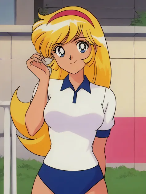 masterpiece,best quality,very aesthetic,highres, KisaragiHoney, 1girl, solo, blonde hair, long hair, blue eyes,smile,medium breasts, hairband,(white shirt),navy blue collar,navy buruma,standing,hand in own hair,arm behind back,outdoor, looking at viewer,bu...