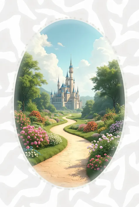 Oval poster with slight ripples with white background. Inside there is a path that leads to a castle and gardens