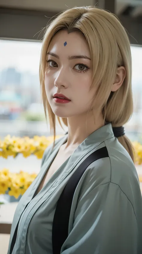 "A highly realistic, lifelike portrait of a woman resembling Tsunade from Naruto in a real-world setting. She has long, straight blonde hair with two loose strands framing her face and a diamond-shaped mark on her forehead. Her eyes are a striking hazel-br...