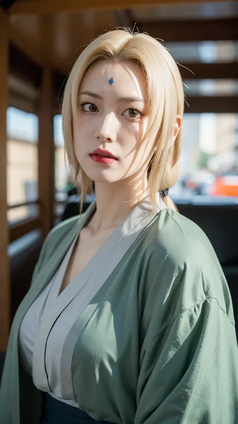 "A highly realistic, lifelike portrait of a woman resembling Tsunade from Naruto in a real-world setting. She has long, straight blonde hair with two loose strands framing her face and a diamond-shaped mark on her forehead. Her eyes are a striking hazel-br...