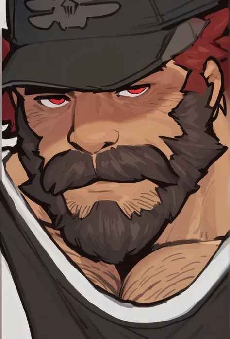 Medium skin color, bara human, dark red hair with a tint of black, perfect anatomy, masterpiece, dark red short beard with a tint of black, detailed eyes, strong jaw, solo, great lighting, by bebebebe, by ZIXiong, by zackary911, by SligarTheTiger, by RED8E...