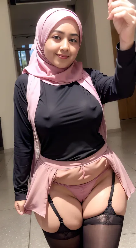 4k,(( hijab pink)), collossal ,, super cute face, focus whole body, stocking pink, perfect body, ((cute stocking pink)), chubby face, thick thight, SQUESHING , short mini dress, long hijab,(( selfie)), beautifull eyes, thin long-sleeved shirt, pervert mout...