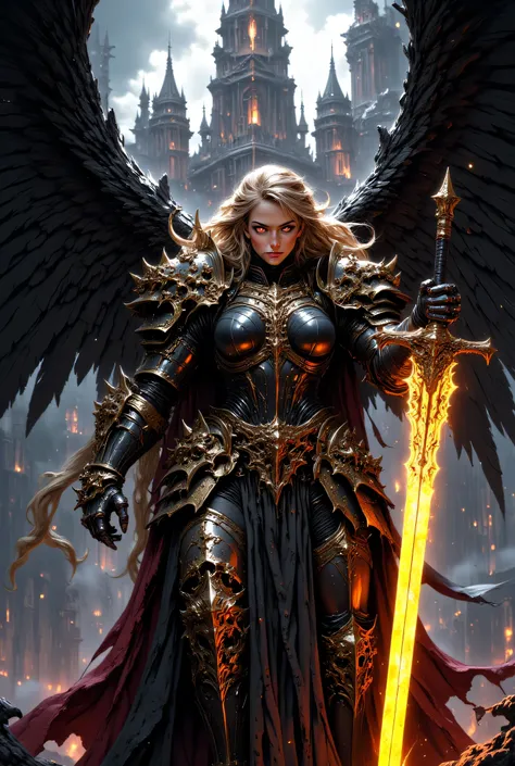 This high-quality digital artwork depicts a fierce, armored female warrior angel with long, flowing golden hair, holding an intricate glowing, runed yellow long sword. She has large, black wings and is clad in intricately designed, dark metal armor that co...