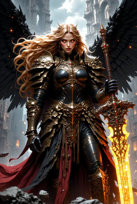 This high-quality digital artwork depicts a fierce, armored female warrior angel with long, flowing golden hair, holding an intricate glowing, runed yellow long sword. She has large, black wings and is clad in intricately designed, dark metal armor that co...
