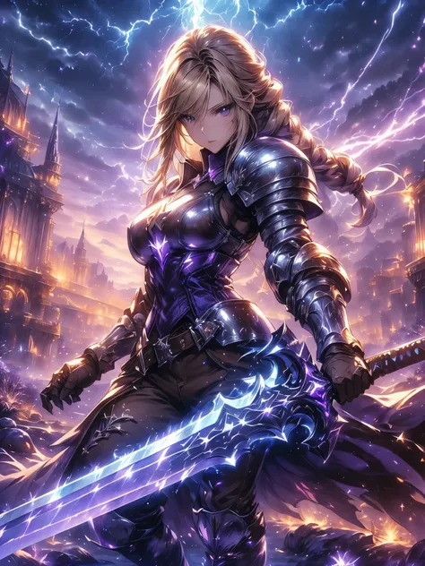 (Agrias Oaks\(Final Fantasy Tactics\),score_9, score_8_Excellent, score_7_Excellent, 32K ,detailed depiction 、 Girl Destroys with a Sword in Her Hand, Luxurious Sword, Lightning Charged Sword,, blond hair, Braided Ponytail ,brown eyes,shoulder armor, armo...