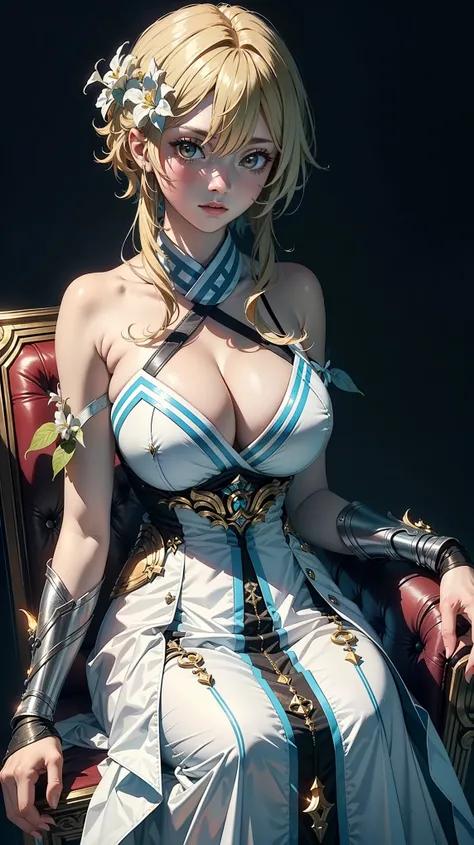 Masterpiece, high quality, detail face, luminedef, (sitting), throne, (huge breasts), simple background, upper body, cleavage, dark vibes, aura, perfect, true majesty, elegant,absolute beauty,charming face, like a goddess