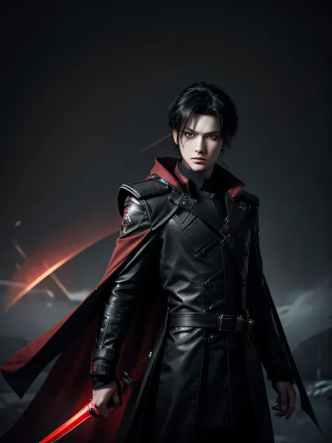 Black-winged angel, black and red eyes, pale face, wearing an overcoat, short black hair, imposing appearance, Halo in red, holding a sword, looking forward, male character, beautiful.