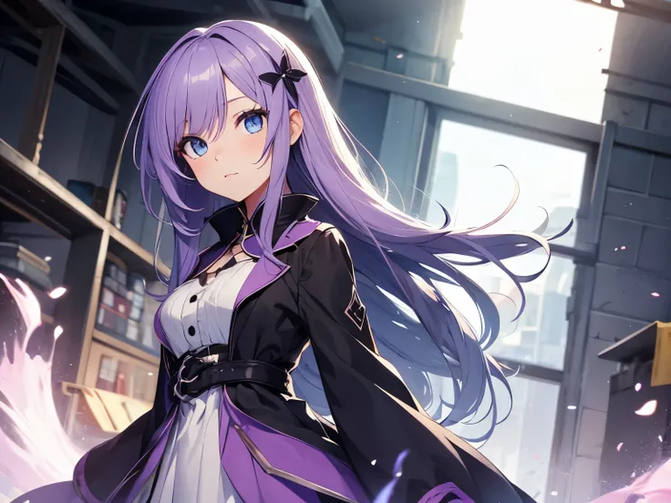 Anime girl character with purple flowing hair, blue eyes and wearing a dress, with a background