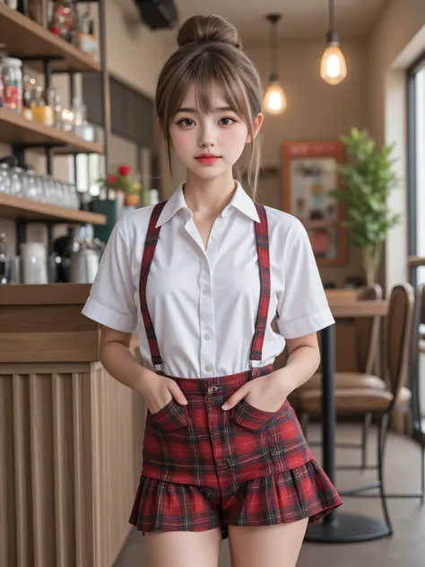 Highest quality, RAW photo, Ultra HD, 18-year-old Korean, beauty, big breasts:1.5, breast crack:1.5, healthy skin tone, fair and smooth skin, (hair bun, bow-shaped hair), ((Light brown silver hair)), beautiful eyes in various colors, thin lips, beautiful e...