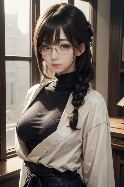 (最高qualityのディテール)、realistic、8KウルトラHD、High reSolution、(glasses,one person:1.2),(Fatal Beauty, charming beauty,braid) ,(GlaSSeS、close up sexy shot,MySteriouS charm:1.1),(Big BreaStS、Fascinating silhouette),高qualityのテクスチャ、Very detailed CG、高qualityの影、beautiful...