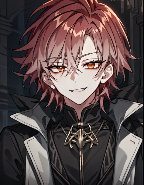  short silver hair,  dark theme , 1 boy, pale skin, hollow eyes, white eyes ,red hair, spike,long hair, smile, evil smile, closed his mouth, Black