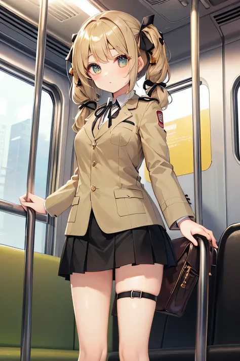 (high quality:1.5),(1girl:1.5),((((Petite:1.2)))),,(khaki  color school blazer:1.5),(black big ribbon:1.5),(black miniskirt:1.5),,(gold long twin tail hair:1.5),(standing:1.5),(on the train:1.5),looking outside


