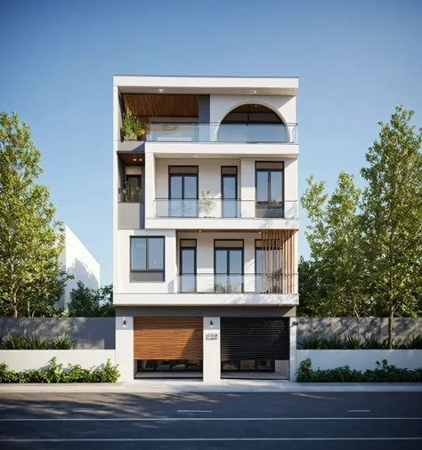 townhouse, (modern style:1.2), exterior design, perspective view, (white wall:1.3), (block sidewalks and asphalt roads), (day sky background), Low trees around the house, (the house next door is lower than the subject designer's house), (day light:1.1), (N...