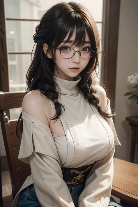 (top qualityのディテール)、realistic、8KウルトラHD、High reSolution、(glasses,one person:1.2),(Fatal Beauty, charming beauty,braid) ,(GlaSSeS、close up sexy shot,MySteriouS charm:1.1),(Big BreaStS、Fascinating silhouette),High Quality Textures { x} Details Beautiful and D...