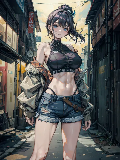 earring, large breasts, narrow waist, short hair, wavy hair, hair behind ear, half updo, black hair, looking at viewer, cowboy shot, streetwear, midriff, shorts, off shoulder, sleeveless,